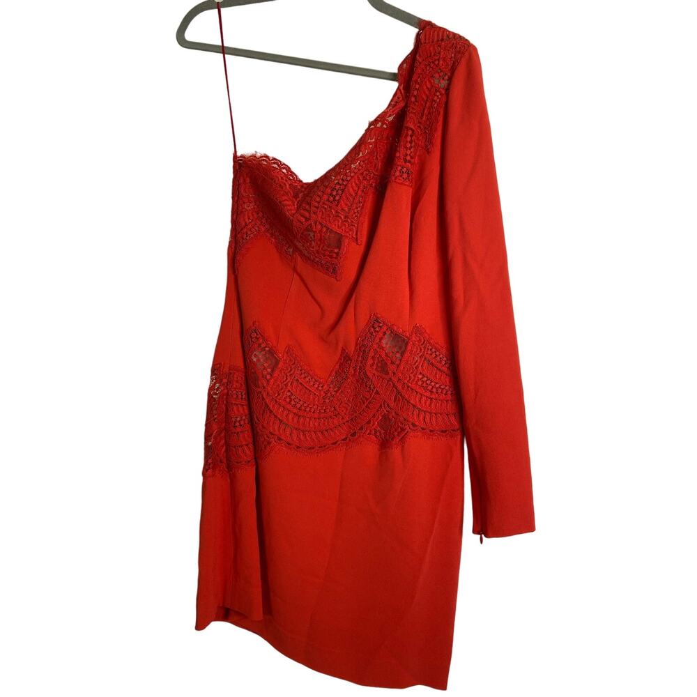 Zuhair Murad Mini Dress Lace Detail One Shoulder Long Sleeve Molten Lava Size 38